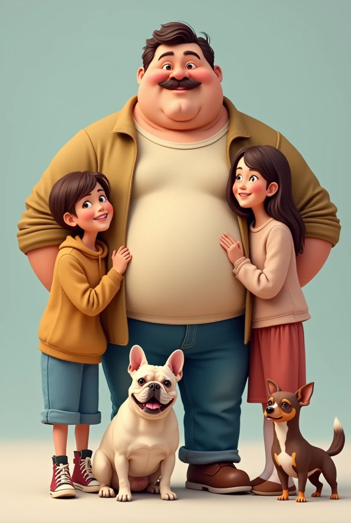 Father&#39;s day image, big pot-bellied man with mustache, two white teenage girls with brown hair, a beige-haired French bulldog, a brown furred chihuahua 