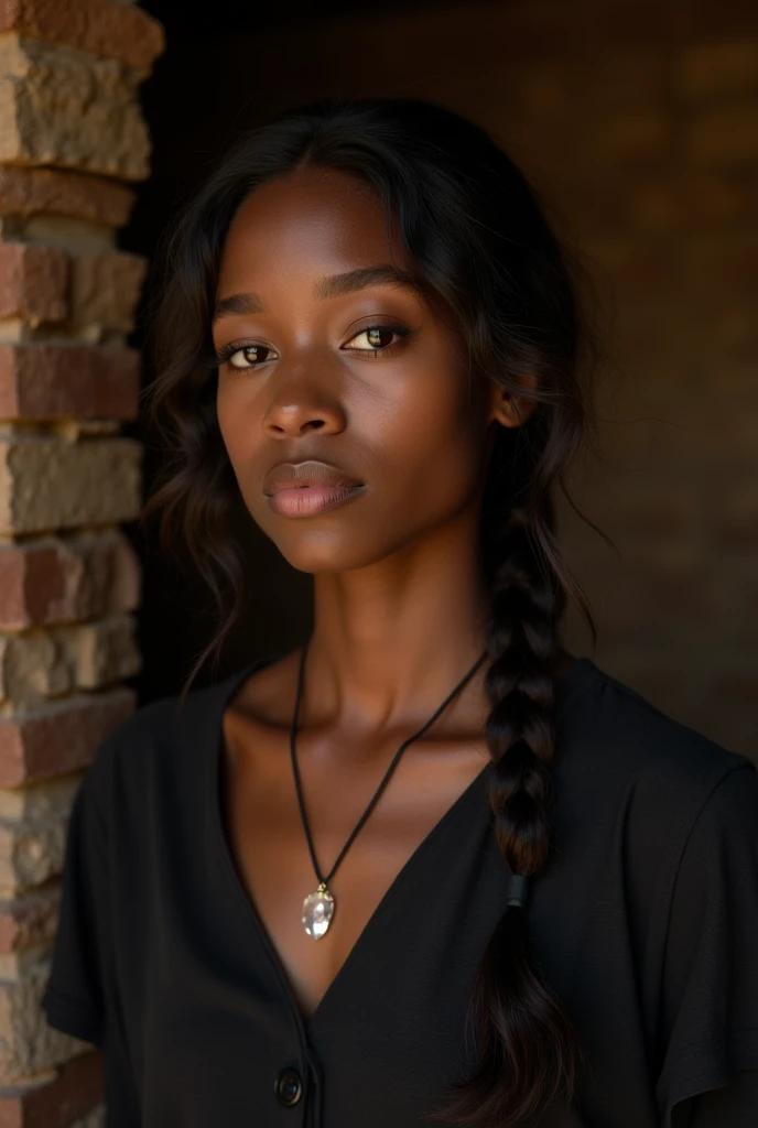A close-up portrait of a young woman with dark skin and a calm, neutral expression, captured indoors with warm, low lighting. She has dark, wavy hair, loosely tied in a single braid that falls over her right shoulder. She is wearing a simple black blouse with a subtle textured pattern, and a pendant necklace with a clear, crystal-like stone hanging from a thin black cord.The setting is a rustic, dimly lit room, with rough brick walls visible in the background, giving a sense of modest, natural surroundings. The light source is soft, illuminating the left side of her face, creating gentle highlights on her skin, while the right side is slightly in shadow, adding depth and a sense of quiet intimacy to the image. The background is slightly out of focus, drawing attention to the woman's face and expression, which conveys a feeling of calm and introspection. The overall color palette is warm and muted, with earthy tones dominating the scene.