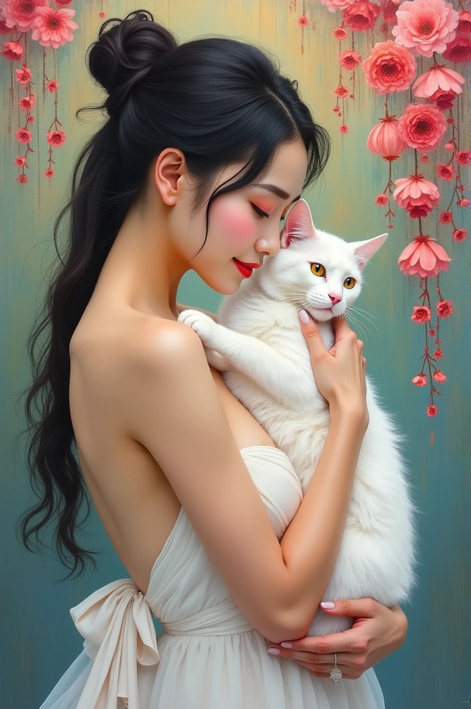 Ahmadafandi23 Prompt an oil painting of a beautiful Asian woman with long hai
I've got unique stuff that's just right for you.
Prompt an oil painting of a beautiful Asian woman with long hair in a bun, with a white color scheme, wearing a very graceful long dress, facing sideways and hugging a beautiful white cat, complex brush strokes draw a very beautiful woman, beautiful eyes and Curvy fingers, a dazzling smile, against the background of a painting of colorful flowers hanging upwards with a few strokes of oil paint, intricate brush strokes tracing the woman's features, so real and enchanting is the maestro's painting