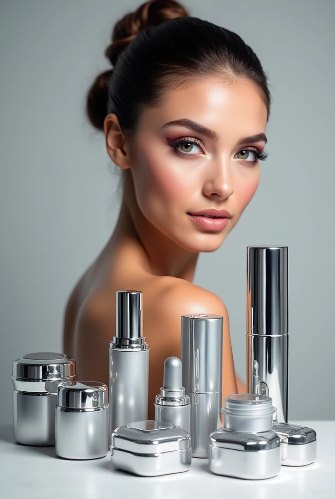Create an advertisement for a makeup line with silver product packaging