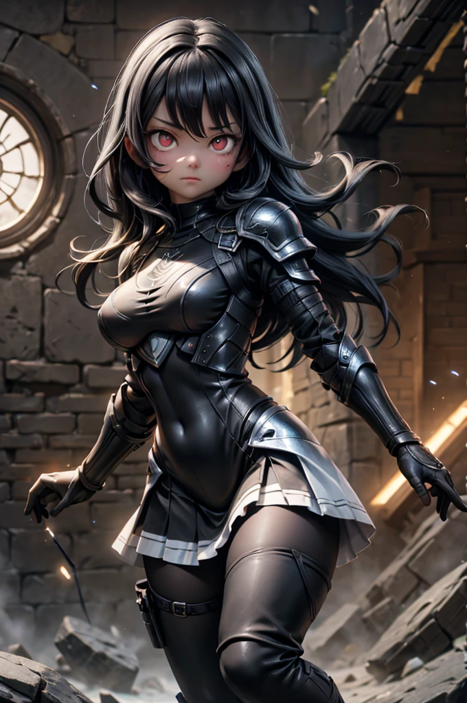 Dark-haired Scandinavian girl wearing half-plate armor and a frilly skirt over a skin-tight black bodysuit, (Long black hair:1.4), Red eyes,Attractive breasts、High resolution (High Dynamic Range), Ray Tracing, NVIDIA, Super Resolution, Scattered under the surface, Anisotropic Filtering, Written boundary depth ,Maximum clarity and sharpness, Surface Shading, Two-tone lighting