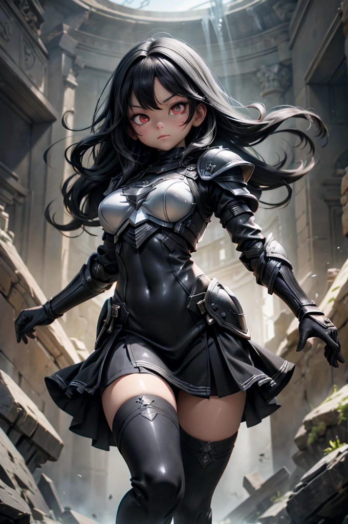 Dark-haired Scandinavian girl wearing half-plate armor and a frilly skirt over a skin-tight black bodysuit, (Long black hair:1.4), Red eyes,Attractive breasts、High resolution (High Dynamic Range), Ray Tracing, NVIDIA, Super Resolution, Scattered under the surface, Anisotropic Filtering, Written boundary depth ,Maximum clarity and sharpness, Surface Shading, Two-tone lighting