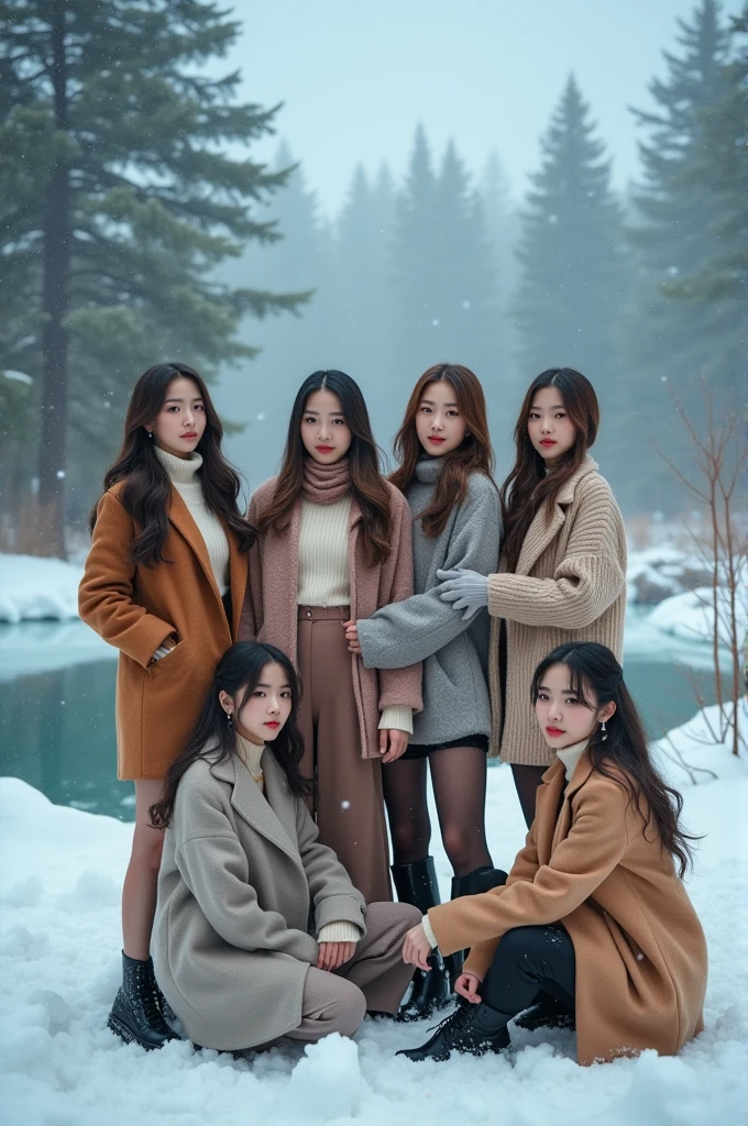 I'm taking photos for a new concept album. create an image of a girl group taking concept photos for winter