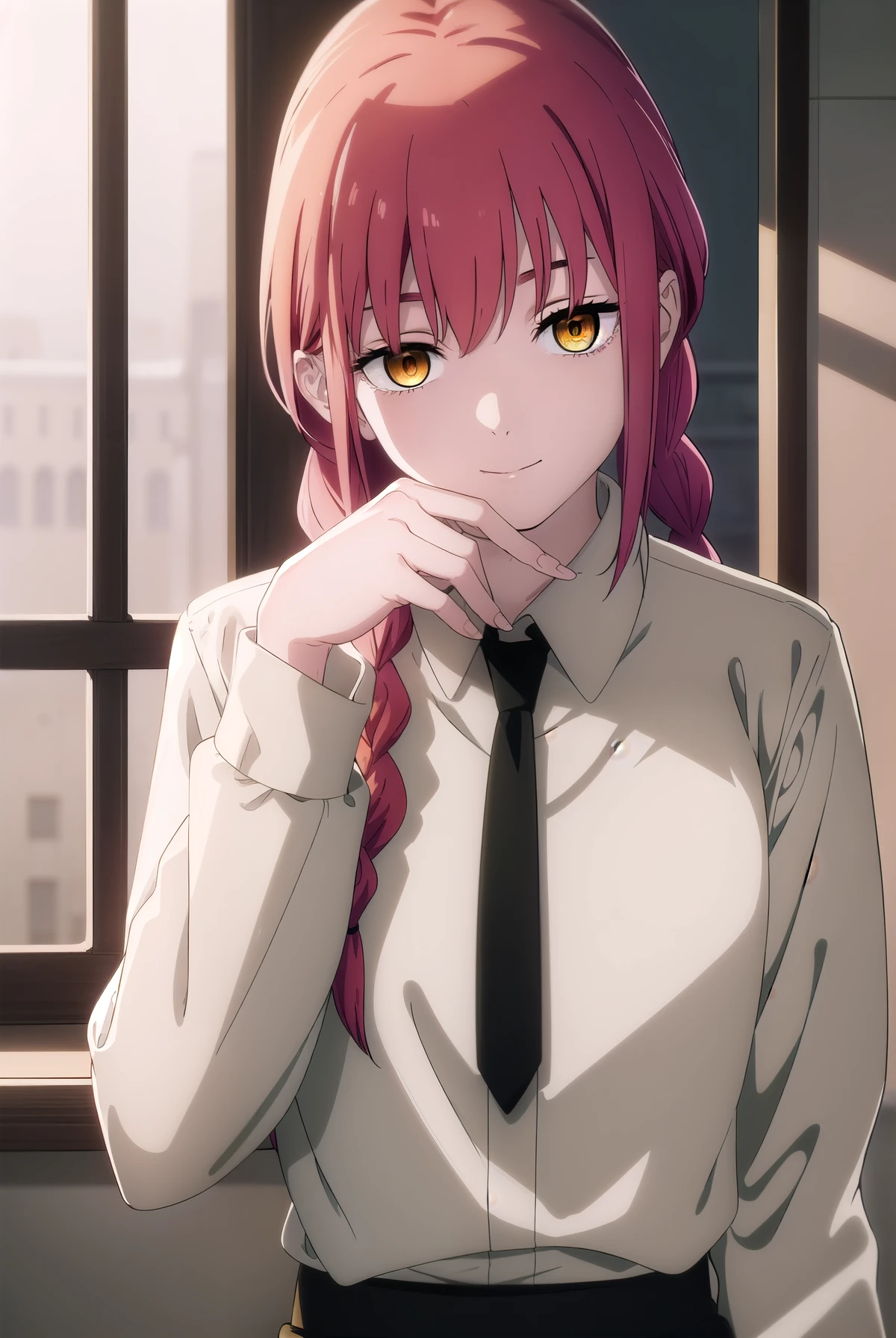 hand, hand, Long Hair, smile, bangs, Small breasts, (Yellow Eyes:1.2), Braiding, Redhead, Braidinged ponytail, The eyes are round, 
break shirt, Long sleeve, White shirt, tie, Collared shirt, pants, black pants, formal, suit, black tie, Tucked in shirt, office lady,
break indoors, office,
break looking at viewer,
break (masterpiece:1.2), Highest quality, High resolution, unity 8k wallpaper, (figure:0.8), (Beautiful attention to detail:1.6), Highly detailed face, Perfect lighting, Highly detailed CG, (完璧なhand, Perfect Anatomy),