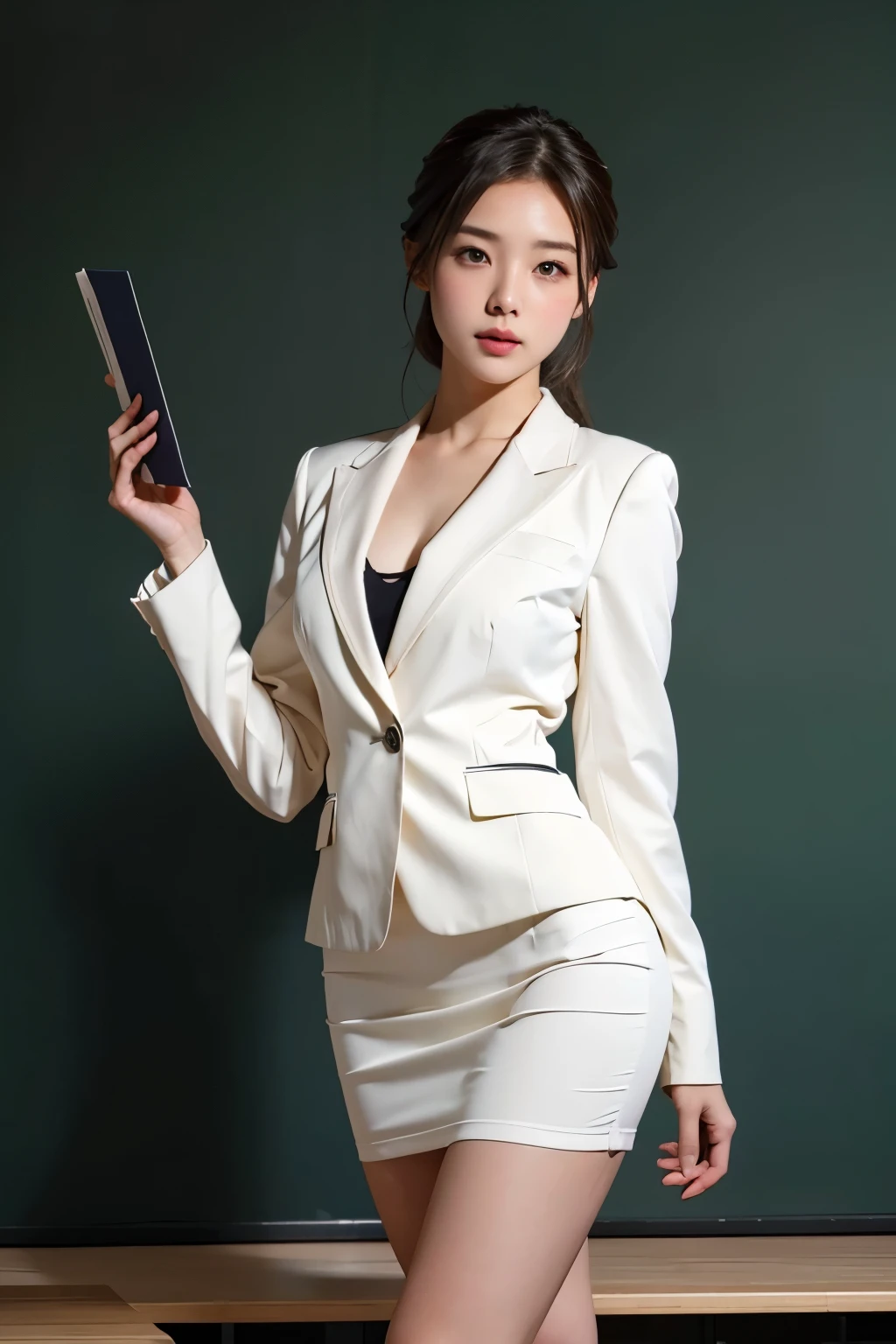 Masterpiece(1.4),Highest quality(1.5),Highest quality,8k、16K,wallpaper,Ultra-high resolution,Extremely detailed,Japanese,Beauty,sexy,glamorous,Perfect Style,teacher,School classroom,business suit,White shirt,Tight Skirt,pumps,(Students checking attendance in front of the blackboard in the classroom, holding an attendance book in their hands),