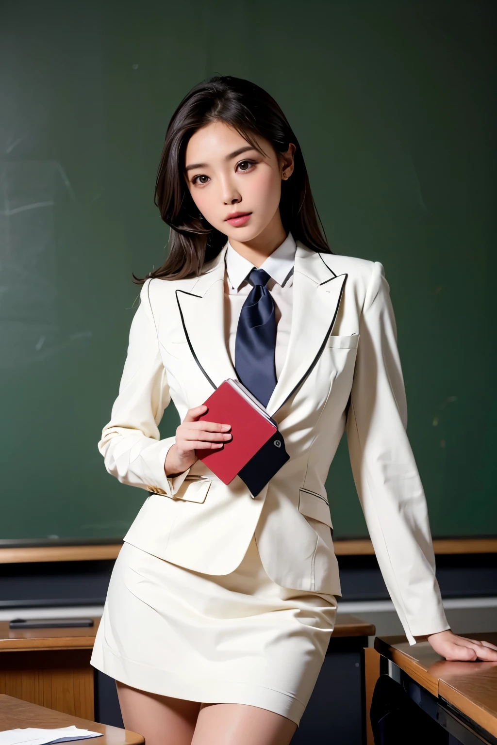 Masterpiece(1.4)，Highest quality(1.5)，Highest quality，8k、16K，wallpaper，Ultra-high resolution，Extremely detailed，Japanese，Beauty，sexy，glamorous，Perfect Style，teacher，School classroom，business suit，White shirt，Tight Skirt，pumps，(Students checking attendance in front of the blackboard in the classroom, holding an attendance book in their hands)，