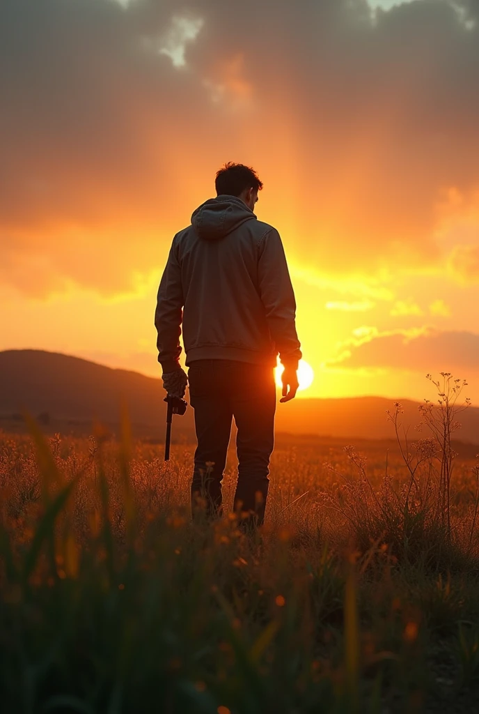 Novel cover: The hero stands with his back turned on a grassy field, the sun is setting.