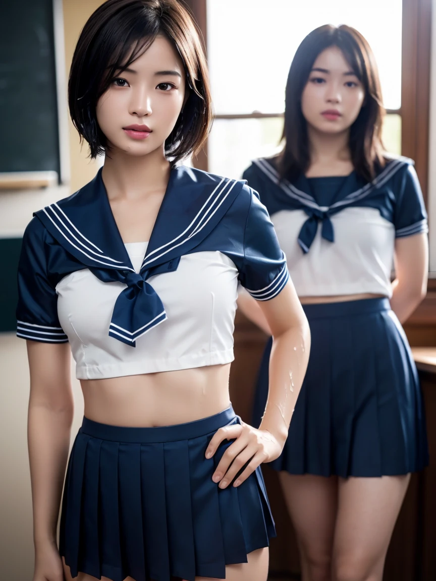 (masterpiece:1.2), Very detailed, Ultra-high resolution, (Realistic, photo Realistic:1.6), High-resolution RAW color photos, Professional photos, Sharp focus:1.2, (Very detailed顔と肌の質感, Very beautiful eyes, Glossのある肌, Glowing Skin, Glowing Skin, Shining Face, Gloss, Oily skin, greasy face, Oily skin, greasy face,),, (real Glossのある肌 texture), Perfect Anatomy, Very detailed背景,(High school classroom at night),1 female,25-year-old woman, Japanese women,Height: 168cm,(short hair, Straight hair, bangs, Brown Hair),((Flat Chest:1.6)),(Slender legs), ((((White short-sleeved sailor suit、Navy blue pleated skirt:1.5、Perfectly detailed sexy thong panties under skirt))))、((Wet and sheer sailor suit:1.4)),Invite to sex