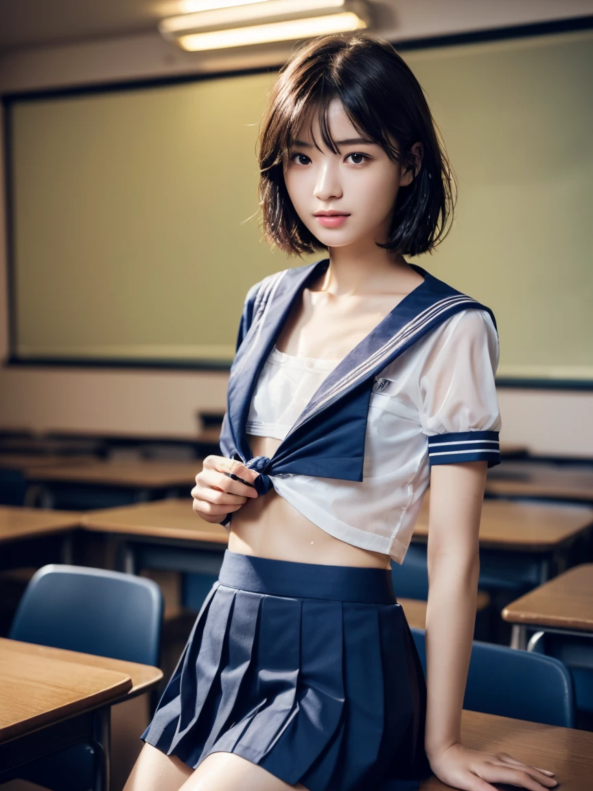 (masterpiece:1.2), Very detailed, Ultra-high resolution, (Realistic, photo Realistic:1.6), High-resolution RAW color photos, Professional photos, Sharp focus:1.2, (Very detailed顔と肌の質感, Very beautiful eyes, Glossのある肌, Glowing Skin, Glowing Skin, Shining Face, Gloss, Oily skin, greasy face, Oily skin, greasy face,),, (real Glossのある肌 texture), Perfect Anatomy, Very detailed背景,(High school classroom at night),1 female,25-year-old woman, Japanese women,Height: 168cm,(short hair, Straight hair, bangs, Brown Hair),((Flat Chest:1.6)),(Slender legs), ((((White short-sleeved sailor suit、Navy blue pleated skirt:1.5、Perfectly detailed sexy thong panties under skirt))))、((Wet and sheer sailor suit:1.4)),Invite to sex