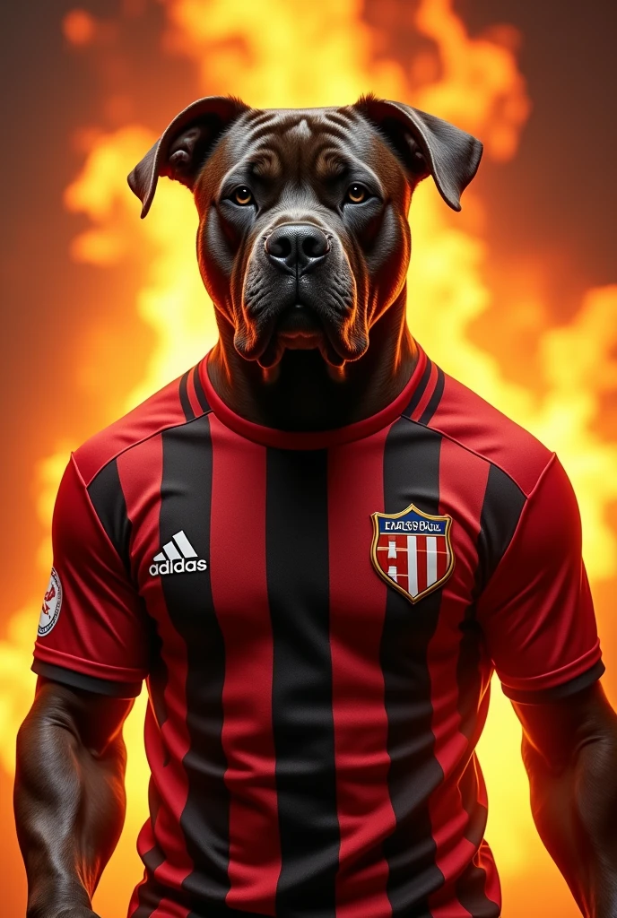 Here is a script you can use to create your image with AI:
---
**Image Description:**
"A large dog of the cane corso breed, wearing a black and white vertically striped reebok football shirt. The dog must be standing, with a closed expression. Ao fundo, a scenario reminiscent of flames.
**Text on Image:**
"happy fathers day!" in large, festive letters, positioned at the top of the image.