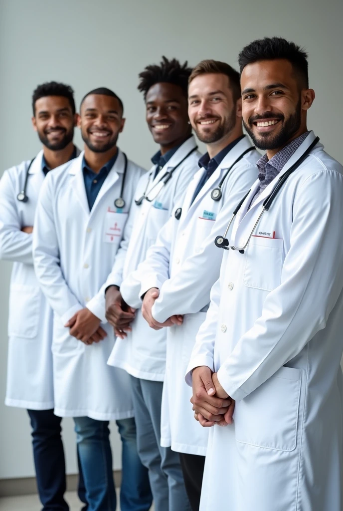 A group of four distinct men, smiling medical students, wearing white coats, on a neutral background. They are holding a poster related to the vaccine for Streptococcus pneumoniae.
