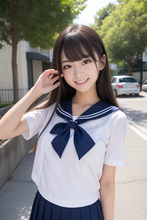 (masterpiece,top-quality,超A high resolution),A Japanese Lady, Very beautiful 12 year old girl, Ubu no Girl、(Perfect limbs、perfect anatomia)、kawaii、High School Sailor School Uniform、Sailor suit with short sleeves、Navy blue skirt、Pure white、Beautiful skin、Moist eyes、Brown glittery hair、Colors and landscapes of youth、Premonition of love、Colossal tits、embarrassed grin、Attend school、morning、