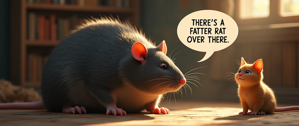 a very fat rat, cornered, speech balloon saying "there's a fatter rat over there", cat smiling, speech balloon saying "you're the fattest", photorealistic, highly detailed, cinematic lighting, vibrant colors, dynamic composition, whimsical, humorous, (best quality,4k,8k,highres,masterpiece:1.2),ultra-detailed,(realistic,photorealistic,photo-realistic:1.37)