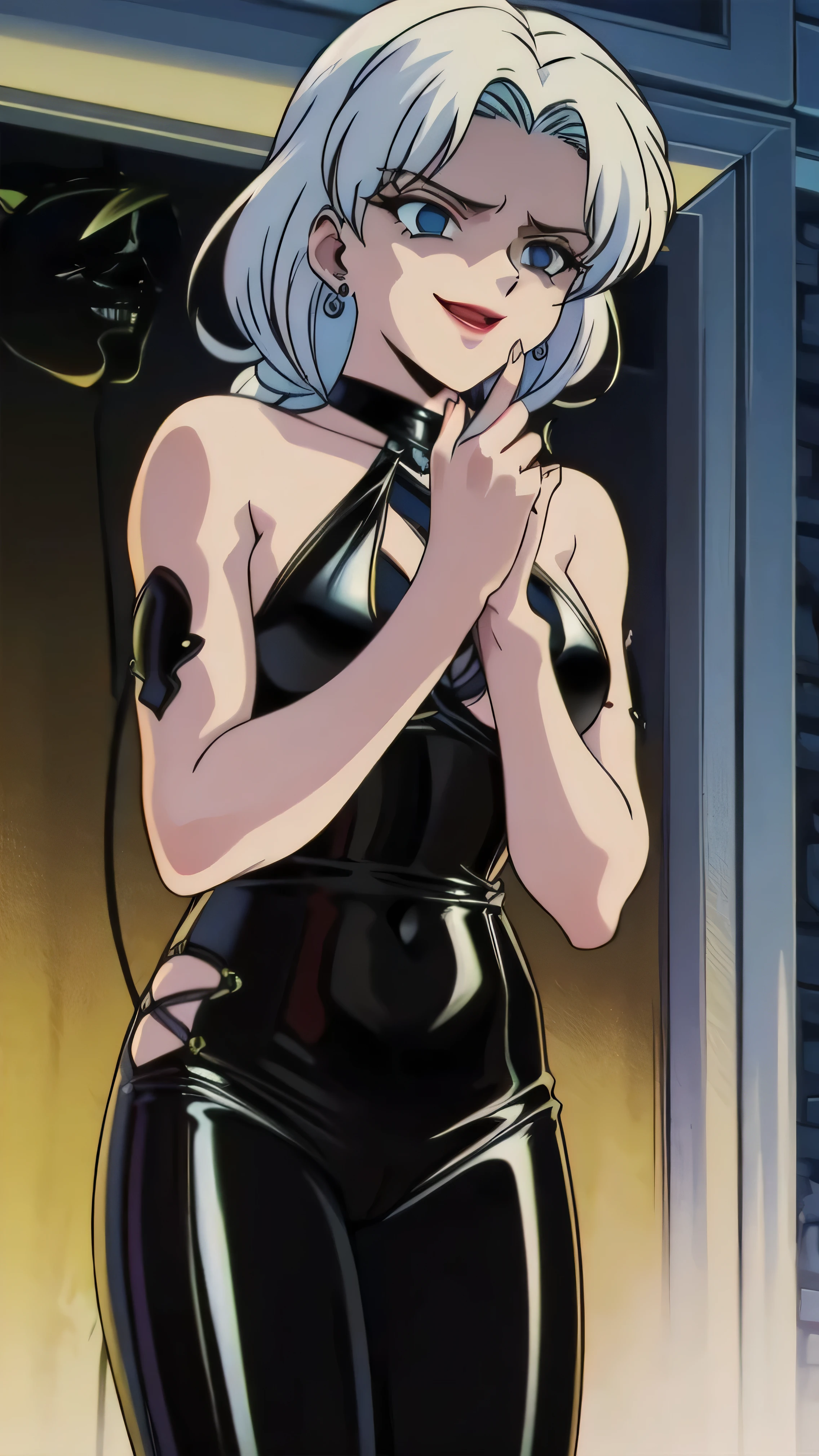1girl, solo, facing viewer, looking down at viewer,,evil smile, BERTIE,,Highly detailed CG Unity 8K wallpaper, perfect lighting,official art,,(beautiful_face:1.5),(narrow_waist),,Highly detailed CG Unity 8K wallpaper, perfect lighting, anime screencap, retro artstyle, anime coloring, traditional media,most evil huge laugh,lipstick,sadistic smile,deep shaded face,single braid,smile worst,worst ridecule,most evil moukery,,one braid,latex,two hands,five fingers,evil darkness background,