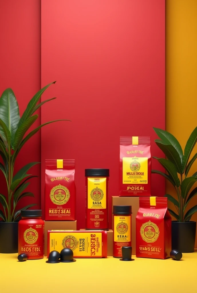 Generate an image with all the products of red seal coffee, it is a Colombian coffee, its colors are red and yellow, some presentations are black in capsules 
