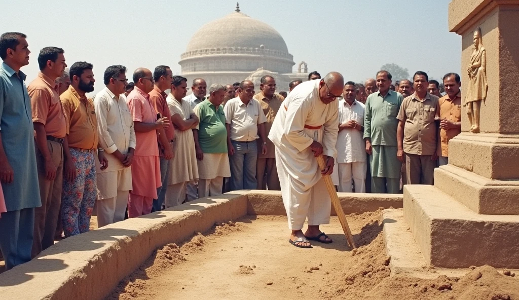 Sardar Vallabhbhai Patel laying the foundation stone for the new Somnath Temple, with local leaders and devotees in attendance.