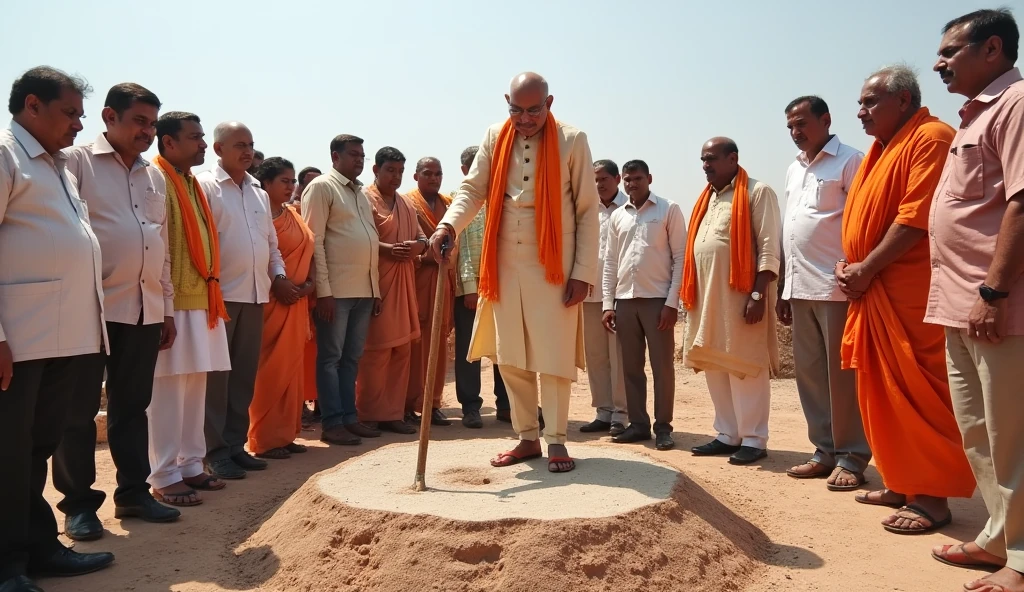 Sardar Vallabhbhai Patel laying the foundation stone for the new Somnath Temple, with local leaders and devotees in attendance.