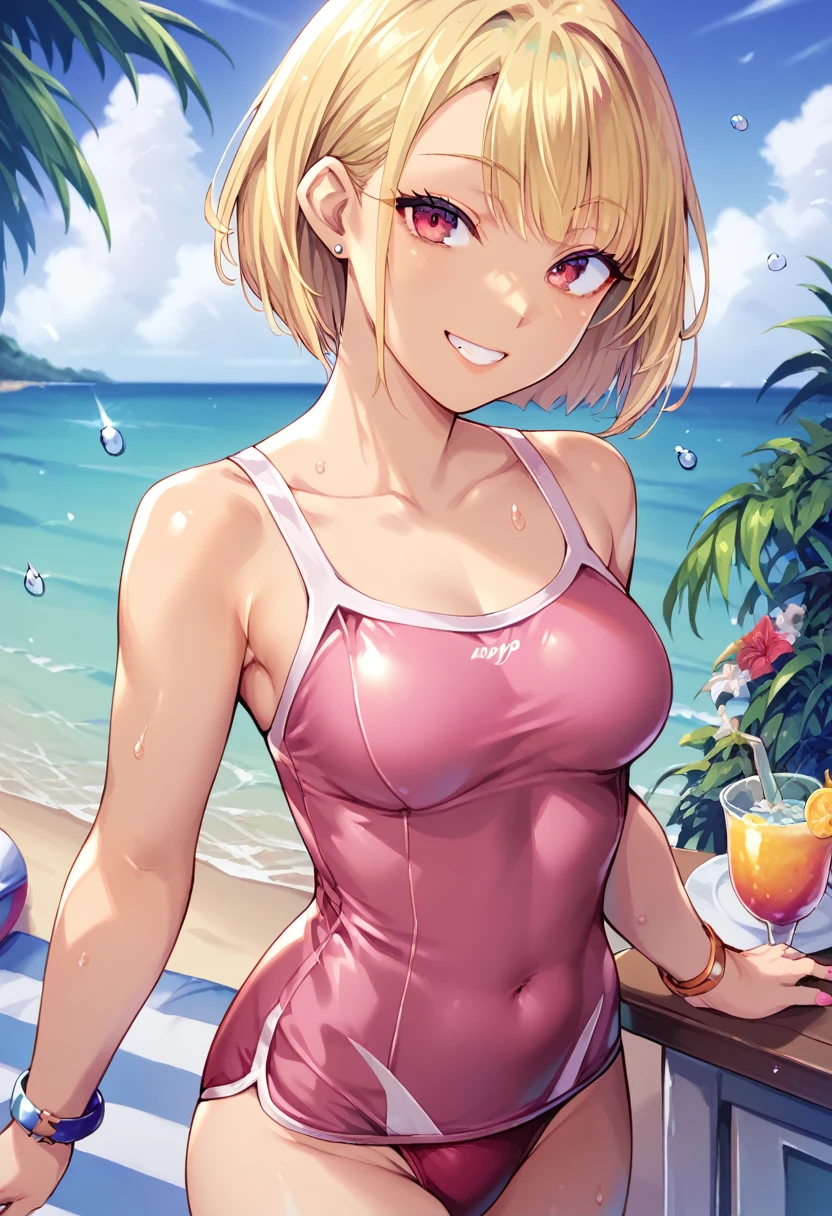 score_9, score_8_up, score_7_up, rating_safe, rating:general, 1girl, solo, blonde hair, bob cut, bangs, smile, seaside, pink one-piece swimsuit, cowboy shot