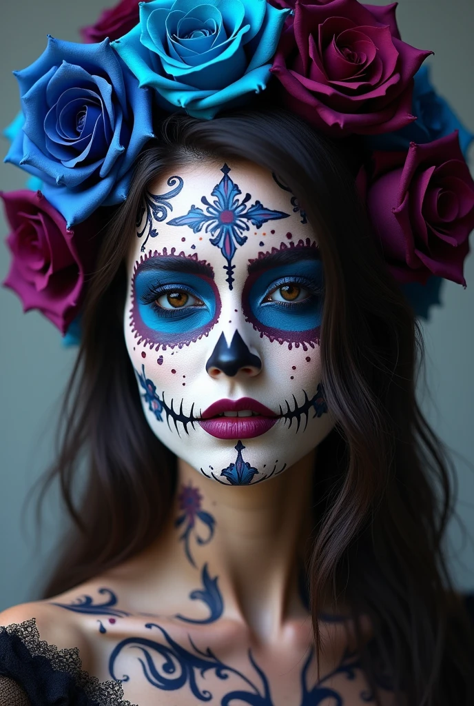 Woman with catrina makeup with a flower headband and blue, purple and burgundy roses