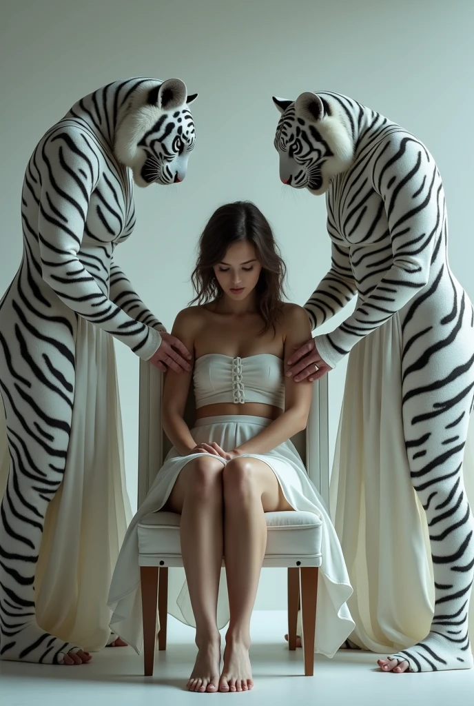 scarlett johansson and natalie portman going a kindapi in white tiger outfit and a white tiger mask a very pretty woman tied to the chair hands tied eyes bent