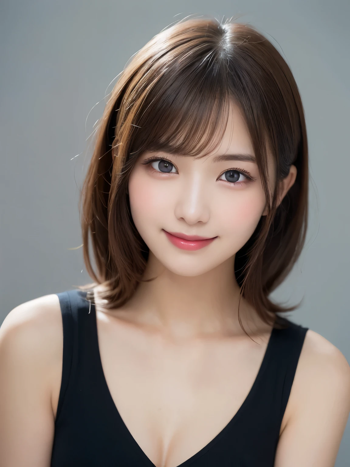 white background, half body portrait, bust shot, looks happy, smile, one girl, (a beauty girl, delicate girl:1.3), (20 years old:1.3), break, (dress up as hostess), break, very fine eyes, (symmetrical eyes:1.3), break, C cup breasts, brown eyes, parted bangs, brown hair, (smile), break, (eyes and faces with detailed:1.0), break, (masterpiece, best quality, ultra detailed, detailed face, 8k)