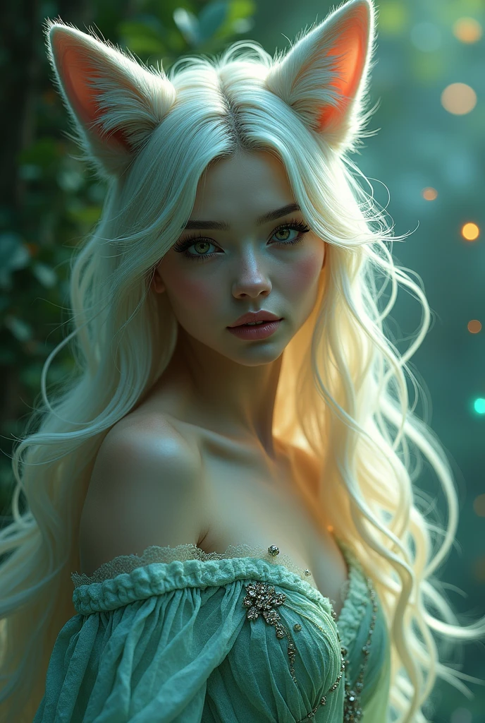 a beautiful female fox spirit, detailed facial features, long eyelashes, elegant clothing, flowing hair, photorealistic, cinematic lighting, fantasy landscape, glowing aura, intricate details, vibrant colors, digital art, concept art style