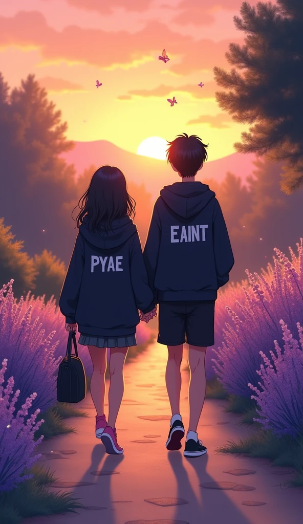 A digital illustration of a young couple walking hand-in-hand down a scenic path lined with lavender flowers. The sunset casts a warm glow, illuminating their faces and the surrounding landscape. Both wear oversized black hoodies with the names PYAE and EAINT printed on the back. The girl carries a small black handbag as they stroll amidst a serene atmosphere, with soft light and gentle butterflies fluttering nearby.