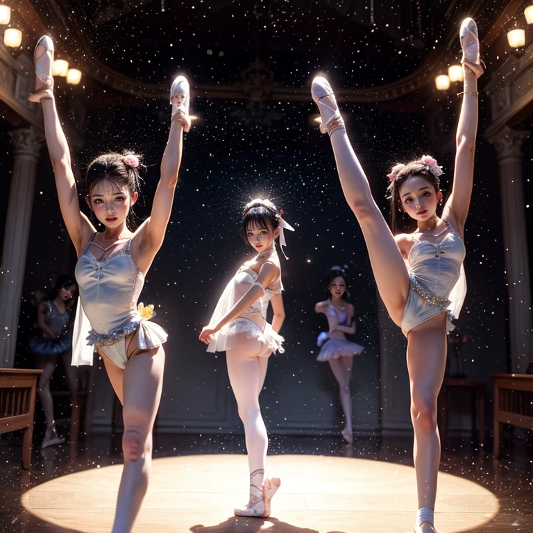 SFW, ExtremelyDetailed (((Kawaii Ballet Girls Group in a row:1.37))), Childish perfect face, Reflective Eyes, Detailed(Delicate Clothing textures), Corrected Leg Line, Corrected Hand, (Correct limbs), Dynamic Joyful Expressions LifeLike Rendering, ((Specular Reflection:0.8)), TopQuality 8K Ultra-detailed masterpiece (ProfessionalPhoto:1.37)(Acutance:0.8),(Luminism:1.28), Light particles, (Muscle:-0.5), facing away (from side ) (Clearly visible Beautiful hip shape)