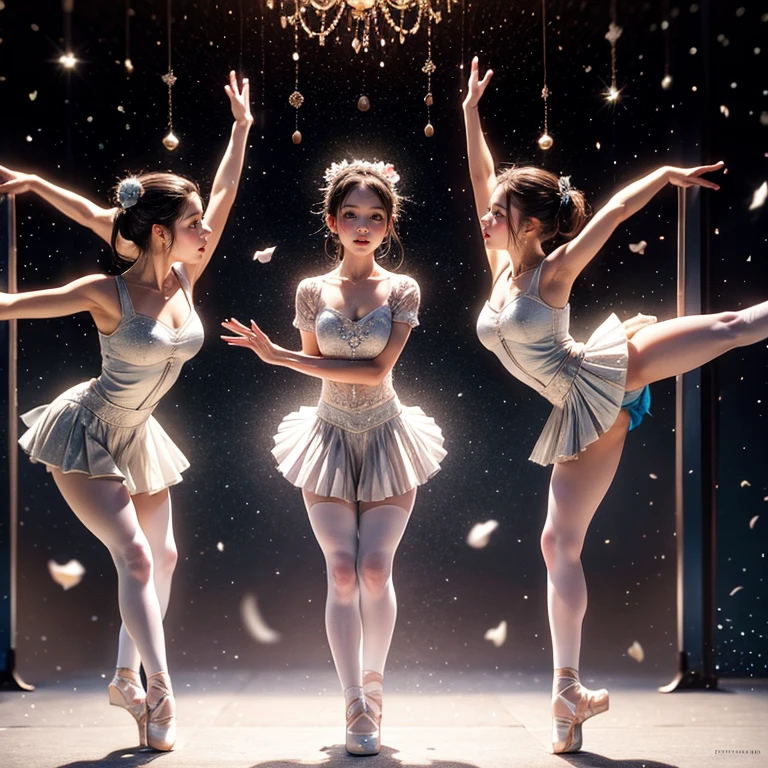 SFW, ExtremelyDetailed (((Kawaii Ballet Girls Group in a row:1.37))), Childish perfect face, Reflective Eyes, Detailed(Delicate Clothing textures), Corrected Leg Line, Corrected Hand, (Correct limbs), Dynamic Joyful Expressions LifeLike Rendering, ((Specular Reflection:0.8)), TopQuality 8K Ultra-detailed masterpiece (ProfessionalPhoto:1.37)(Acutance:0.8),(Luminism:1.28), Light particles, (Muscle:-0.5), facing away (from side ) (Clearly visible Beautiful hip shape)