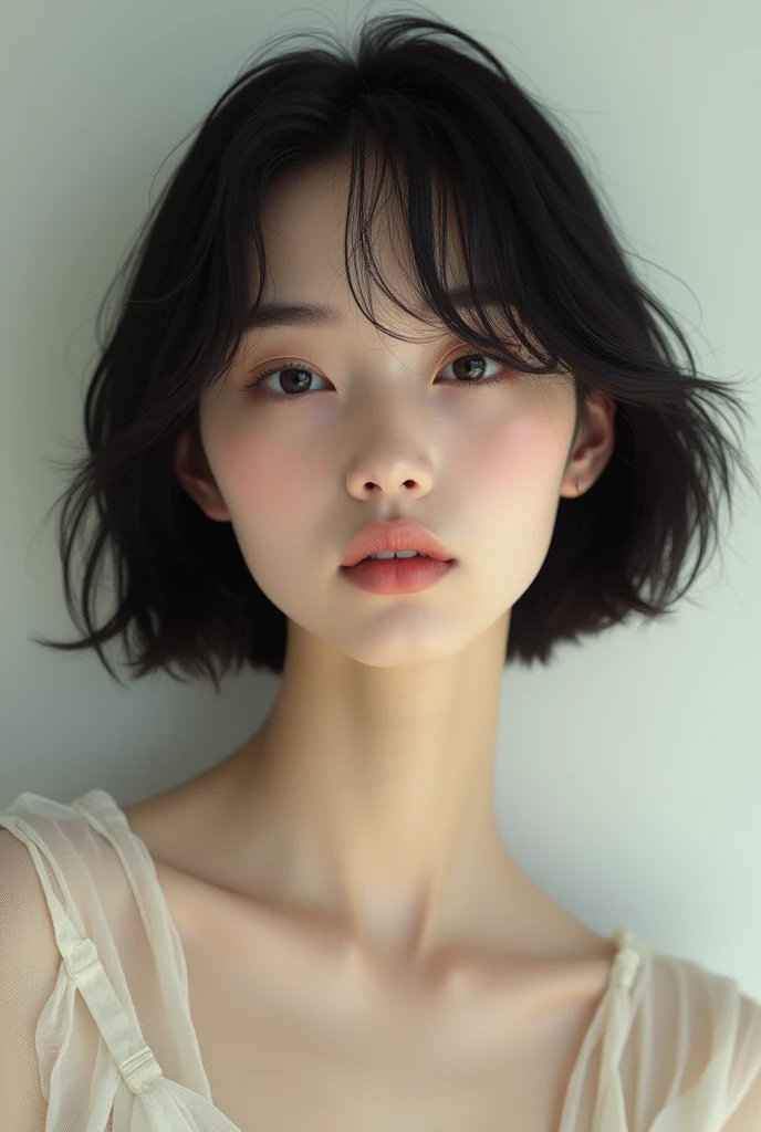 170cm white girl with short straight black hair, slim, with thin lips, and slightly thick eyebrows.