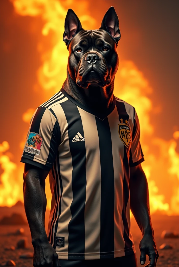 Here is a script you can use to create your image with AI:

---

**Image Description:**

"A large dog of the cane corso breed, wearing a black and white vertically striped reebok football shirt. The dog must be standing, with a closed expression. Ao fundo, a scenario reminiscent of flames.

**Text on Image:**

"happy fathers day!" in large, festive letters, positioned at the top of the image. 