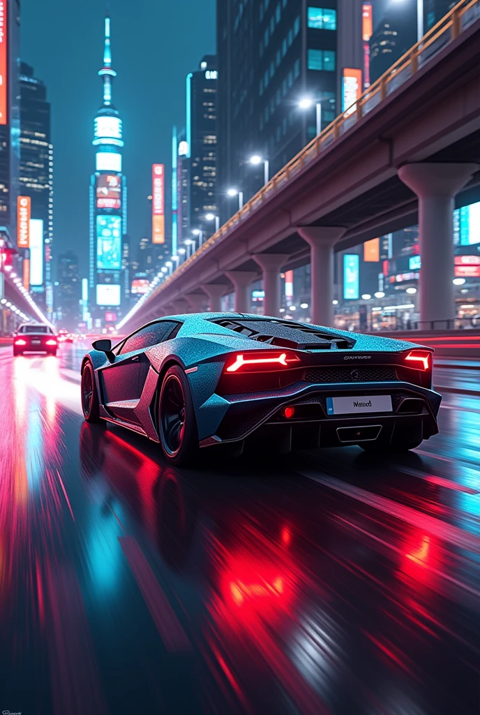 A sleek sports car speeding through a city at night, neon lights reflecting on wet pavement, wide-angle lens, cinematic look with lens flare and motion blur.