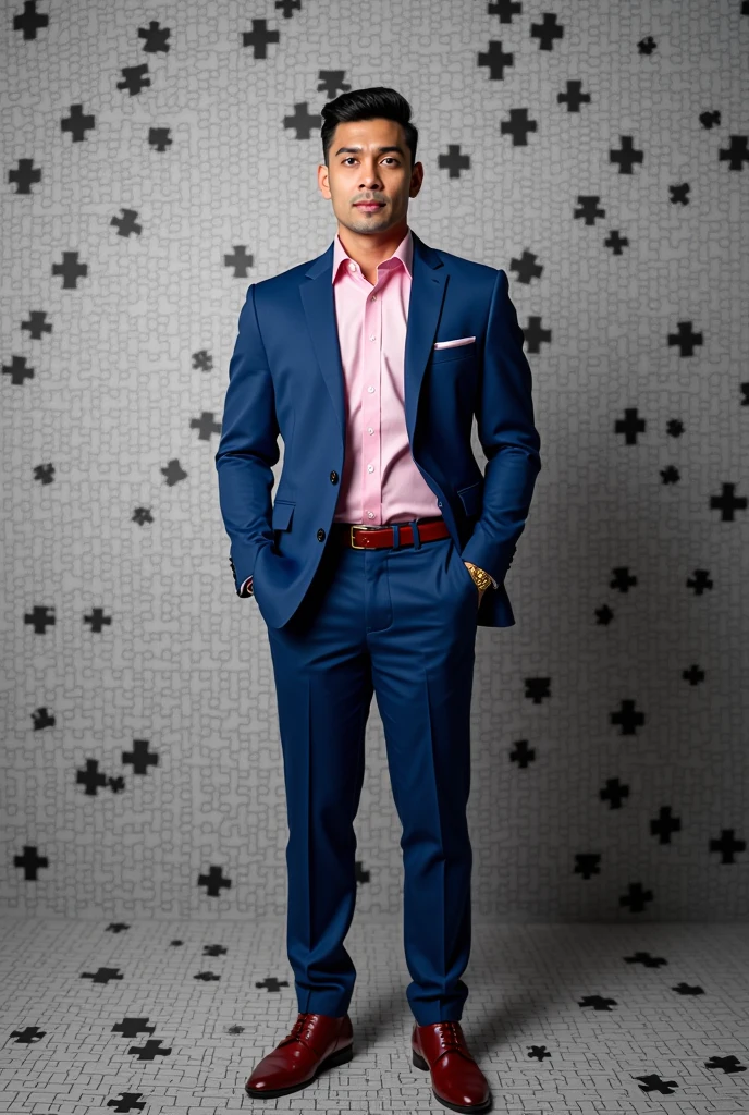 Title: "APPETIZERS" center image: YouTube Presenter. asian man, 35 year old, beautiful and elegant, wear uniform, Suit, handsome masculine and muscular, muscles look good, strong body with fair skin, (thin blue eyes 1.3), full body photo on the floor (ultra detaild, photo realist, best qualityer, 8k, high resolution, artistry: 1.3), a mature man, charming and distinguished, (corpo musculoso em Suit azul) usa uma camisa rosa por baixo do Suit, fitted, no tie, closed, top casually , calça perfeitamente afairdo, sweatshirt, shirt with buttons, face with details, blue pants, fair, Red Shoe, horny, Accessories include a gold bracelet on the wrist. hands free outside the pockets, a stylish leather belt, In the photographic studio, looking at the ultra realistic spectacle:1.37),HDR,lighting Background: A black and white puzzle pattern fills the background, representing the complexity of the colored issue. texto: "equality between men and women: Everyone&#39;s Right, Everyone&#39;s Responsibility!" &quot;Together, We can build a world without dictators!” Additional elements: Icons representing different areas where social inequality is evident, como no mercado de trabalho, In education, in politics, etc. Shocking statistics on social inequality, as the average wage gap between men and women, the proportion of women in leadership positions, etc. Final note: The poster can be customized according to the specific context and target audience., mas o objetivo é transmitir uma mensagem clara e poderosa sobre a importância da equality between men and women e do compromisso de promoção de todos.