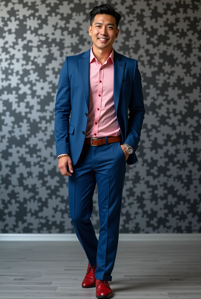 Title: "APPETIZERS" center image: YouTube Presenter. asian man, 35 year old, beautiful and elegant, wear uniform, Suit, handsome masculine and muscular, muscles look good, strong body with fair skin, (thin blue eyes 1.3), full body photo on the floor (ultra detaild, photo realist, best qualityer, 8k, high resolution, artistry: 1.3), a mature man, charming and distinguished, (corpo musculoso em Suit azul) usa uma camisa rosa por baixo do Suit, fitted, no tie, closed, top casually , calça perfeitamente afairdo, sweatshirt, shirt with buttons, face with details, blue pants, fair, Red Shoe, horny, Accessories include a gold bracelet on the wrist. hands free outside the pockets, a stylish leather belt, In the photographic studio, looking at the ultra realistic spectacle:1.37),HDR,lighting Background: A black and white puzzle pattern fills the background, representing the complexity of the colored issue. texto: "equality between men and women: Everyone's Right, Everyone's Responsibility!" "Together, We can build a world without dictators!” Additional elements: Icons representing different areas where social inequality is evident, como no mercado de trabalho, In education, in politics, etc. Shocking statistics on social inequality, as the average wage gap between men and women, the proportion of women in leadership positions, etc. Final note: The poster can be customized according to the specific context and target audience., mas o objetivo é transmitir uma mensagem clara e poderosa sobre a importância da equality between men and women e do compromisso de promoção de todos.