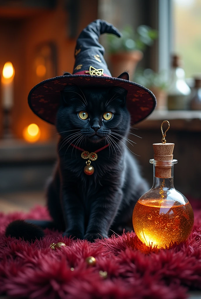 a cute black cat wearing witch'shat, surrounded by magical objects, witch hat, hat, no humans, cat, candle, animal, black cat, gem, animal focus, indoors, witch, black headwear, wiccan artifacts, ultra-realistic, hyper-detailed, 32k uhd,hyper-detailed,ultra-realistic, 8k,Fairy Bottle Magic, hyper-detailed,ultra-realistic, 8k,ultra-realistic, hyper-detailed, 32k uhdIn addition to cat, magic bottle is bigger and small magic bottles liquid, luxurious witches room and magic room, wiccan Chain