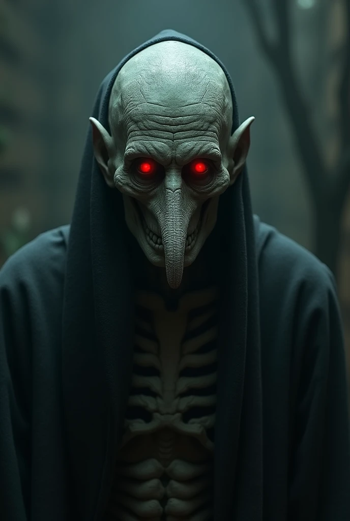 A gloomy, middle-aged man with red snake-like eyes, a skeletal build, grayish skin,snake nose,evil-looking
