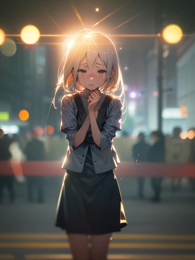 (Sumilux f1.4 50mm , low Latitude old color negative film , cross process , (bokeh), flare, chromatic aberration , soft focus, (Shallow focus) , soft glow , Maximum aperture, high Key , Transparent depiction , Tyndall) , Tokyo city street, intersection, many people crossing the intersection, crying girl