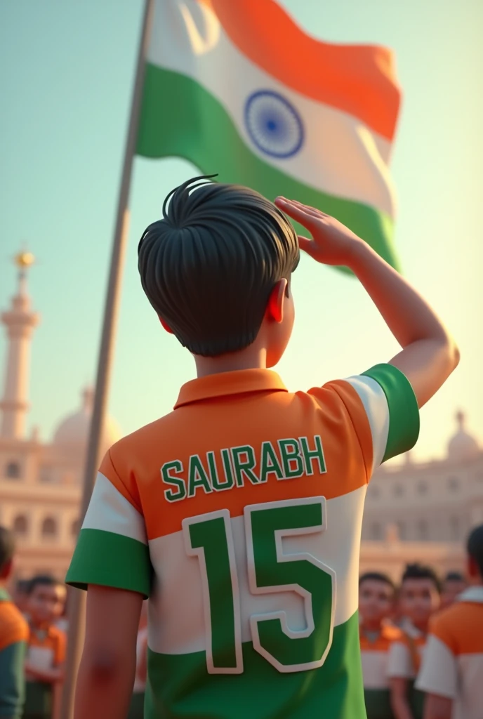 A 21 years old boy salutes the national flag of Bharat and he is wearing a shirt print is like Bharat flag and ” Saurabh ” and 15 number and republic day in small written on it’s back in big and bold fonts, 3d illustration.