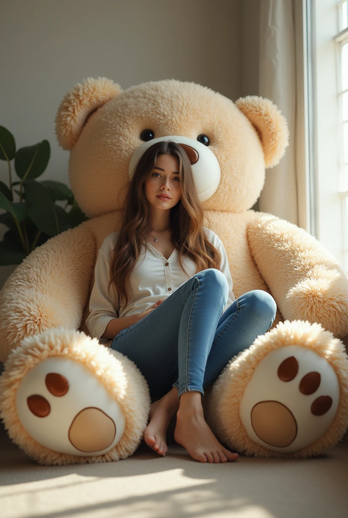 A woman in tight jean sitting on tiny teddy bear