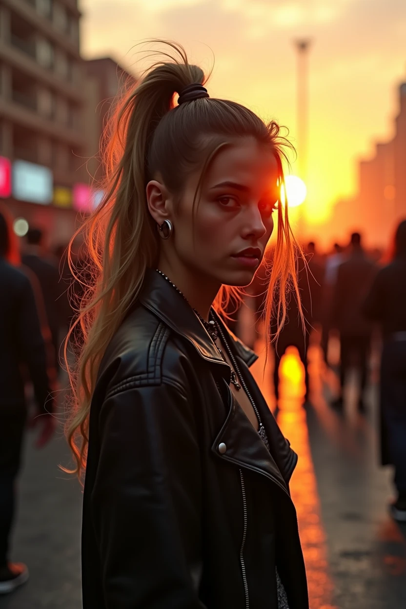 Intense sunset in the gritty streets of 90's Santiago, a photographer captures punk fashion embodied by an alluring hot young woman, seductive escence, exudes confidence and a sad and depressed demeanor in front of a mass rocking a stunning rock concert. Long wavy ponytail hairstyle, rebellion of the era.