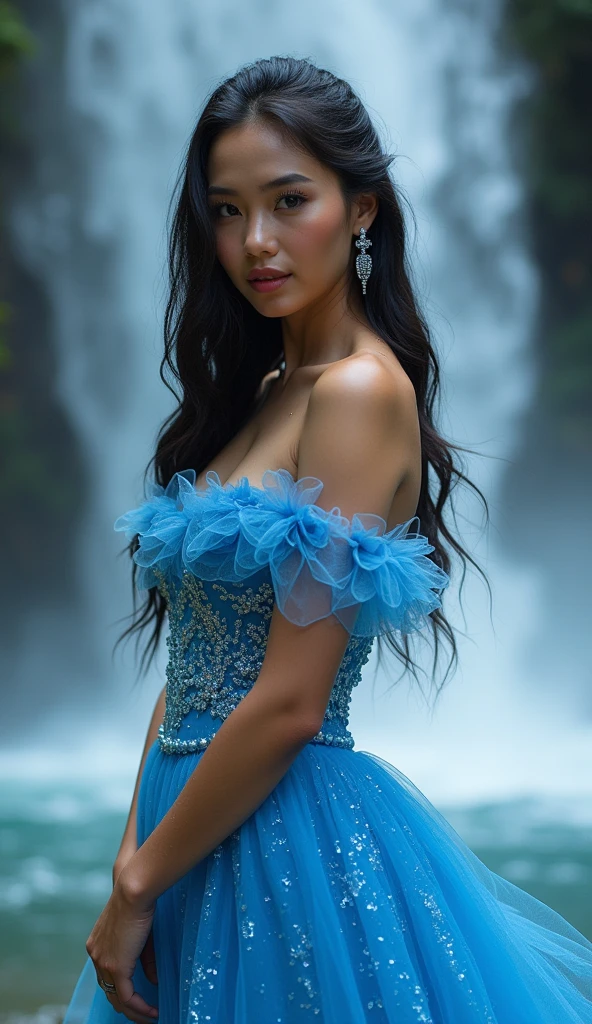 Can you show me a beautiful Filipina girl with blue wedding gown and blouse and the background of waterfall and make her blouse transparent and wet