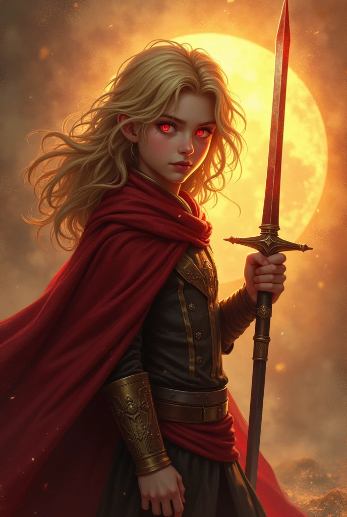 a 25 years boy , golden long hair , coming towards us , red eyes and a arc symbol in his right eye , a sword in his hand, bringht light in back