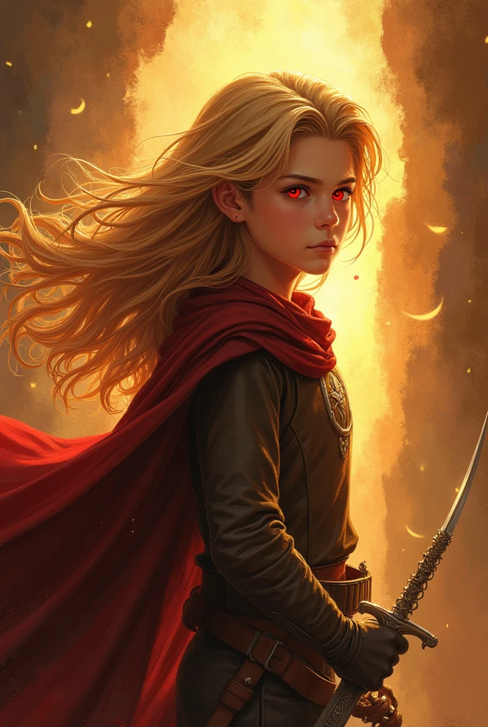 a 25 years boy , golden long hair , coming towards us , red eyes and a arc symbol in his right eye , a sword in his hand, bringht light in back