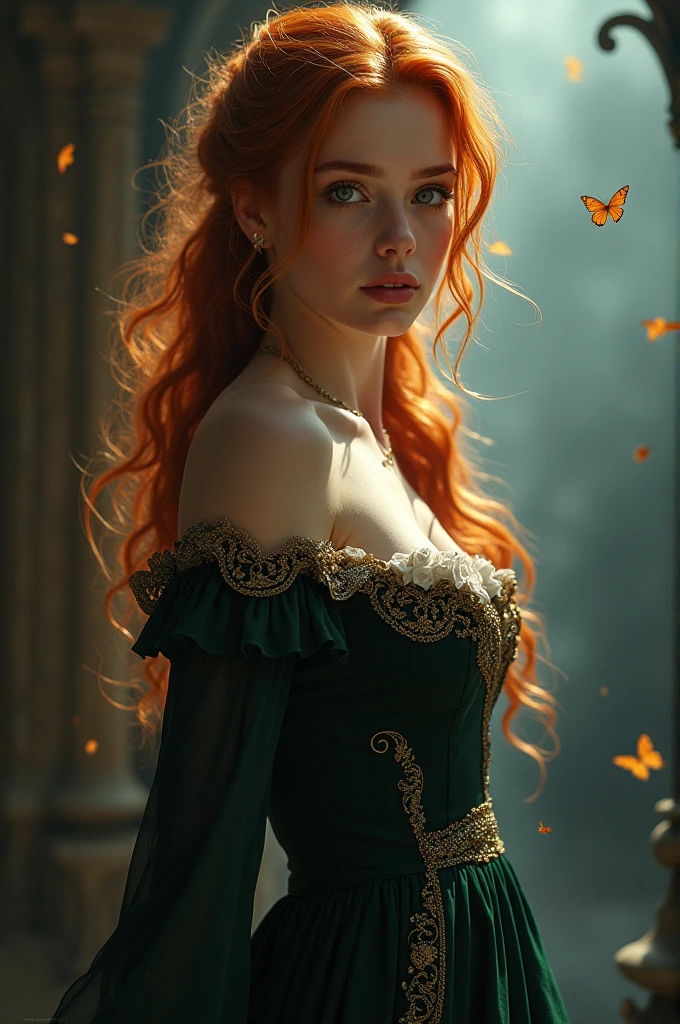 (solo, full body photo:1.3), (action packed:1.3), (haze, fog, mist:1.3), chiaroscuro, best quality, photorealistic, 1woman, (cute), (24yo:1.2), redhead, long ginger hair highly detailed, 1700'S, digital photography, art by artgerm and ruan jia and greg rutkowski surreal painting gold butterfly filigree, broken glass, (masterpiece, sidelighting, finely detailed Fashionable eyes: 1.2) (perfect oval large eyes that gazes at the viewer), beautiful detailed face, blue gorgeous perfect eyes, (blonde hair ponytail), (attractive young woman:1.3), (thick amazing hair), (seductive:1.1), (blushing:1.1)