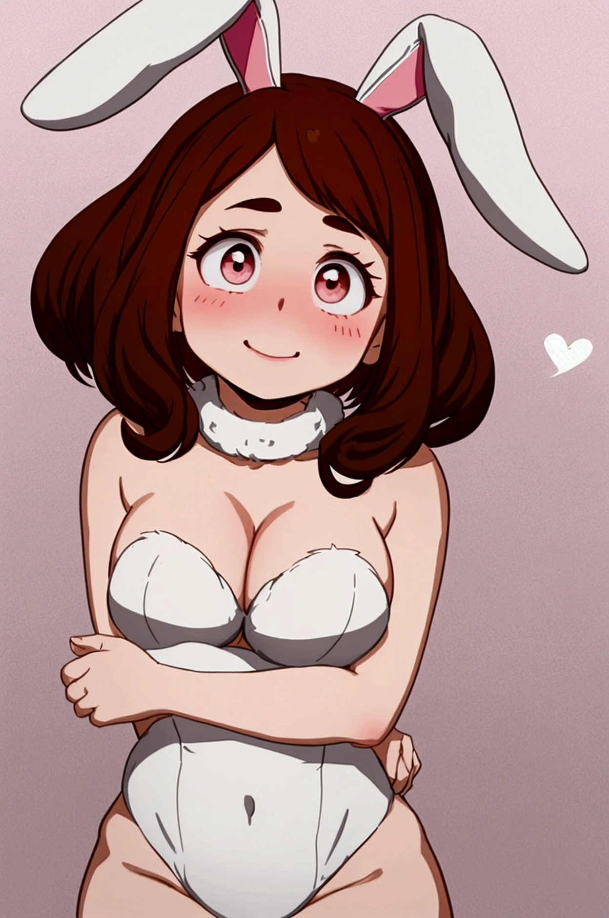 (Ochaco uraraka),(is a short girl with a curvy figure, fair skin and curly hair with eyes that match in color. She has perpetual pink blush on her cheeks, and her eyes are large and round with thick upper lashes, two more extended and more prominent on both sides and fewer, but more individually pronounced lower lashes. Her hair is shoulder-length with short bangs, and the style is balanced with two long strands framing her face),(Wearing),+,(a sexy bunny outfit that consisted of a larger black strapless one heart decots and showing feathers and super sexy and tight arms)