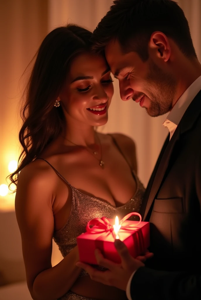a beautiful and exciting woman giving a gift to a seductive man