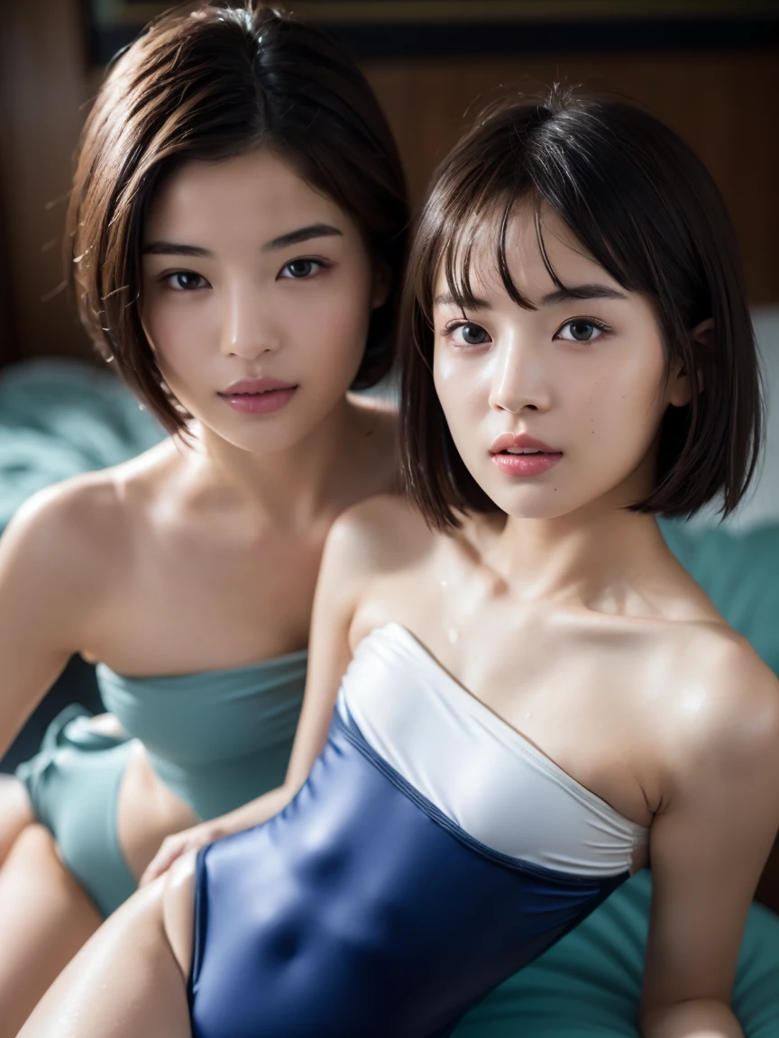 Best-quality, Masterpiece, Ultra-High-Resolution, (Photorealistic:1.4), Raw-Photo, lesbian-couple, sitting on luxurious-sofa at home, laughing out loud, making love, all different face, face-focus, ((1girl, 15-years-old, the most famous Japanese idol, extremely beautiful black-short-cut-haired, extremely cute face, extremely beautiful big-black-eyes, completely drunk, highly-sexedintense sexual desire, strong sexual desire)), ((1woman, 25-years-old, the most famous Japanese actress, extremely beautiful brown-haired, extremely beautiful face, extremely beautiful big-black-eyes, extremely beautiful big-breasts)), both wearing only pajamas with cute-design