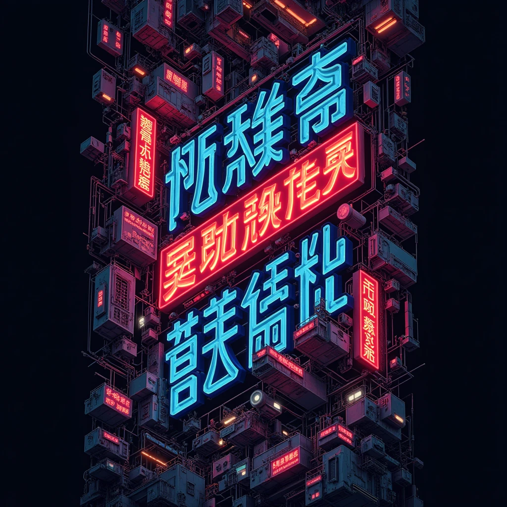 intricate typographic poster, anime style typography, Large text, dramatic lighting, bright colors, neon glow, futuristic elements of science fiction, detailed inscriptions, dynamic composition, moody atmosphere, stark contrasts, urban cyberpunk aesthetics, complex parts, Seamless Integration, masterful execution