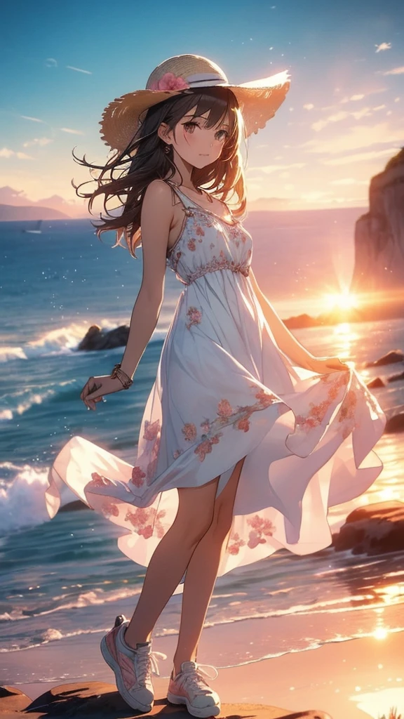 One girl, (alone:1.2), ((masterpiece)), [slim], (Small breasts), Pale skin, ((Detailed eyes)), (Background Blur), (Dynamic Angle), Dynamic pose, Watch the sunset, Sunset over the sea, rocky coast, Lighthouse, Golden glow, Ethereal quality, Summer Dresses, Pink Dress, Floral embroidery, Wide-brimmed sun hat, White sneakers