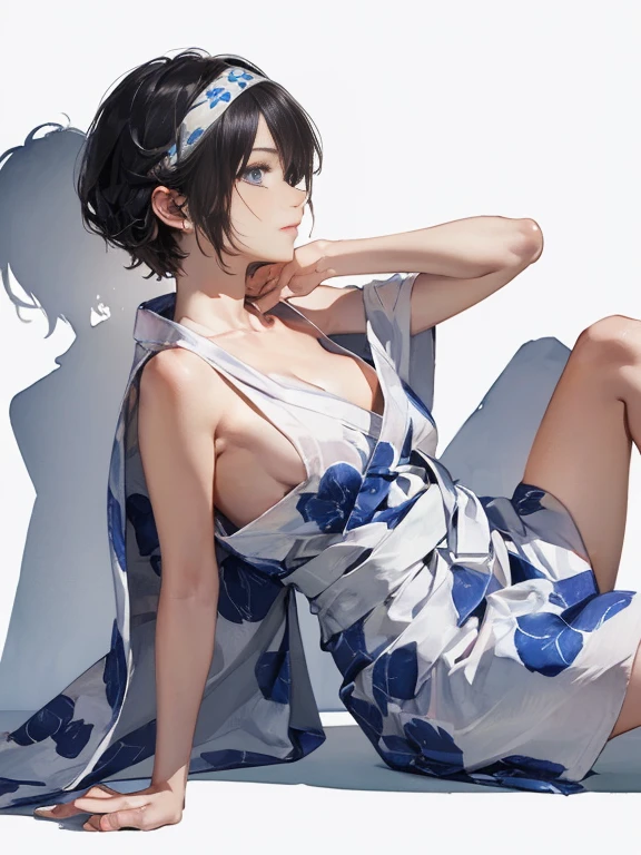 16k works,Highest quality,18-year-old,No background.White background only,whole body、Kneel,Dynamic and sexy pose, One person, Beautiful Face,, Symmetrical eyes, Perfect body, Good balance、 Perfect body、Bob black hair、（Floral Yukata 1.2）